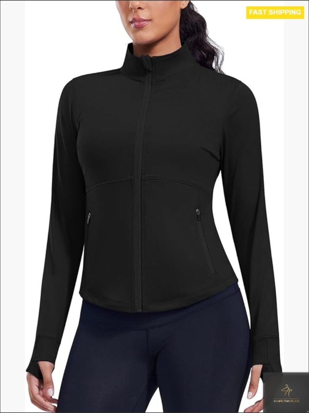 Cropped Track Jacket Slim Fit Full Zip Athletic Workout Running with Thumb Holes